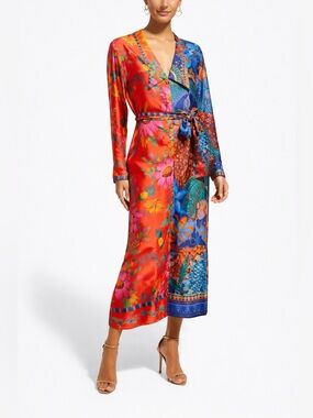 Farm Rio Kimono Button Front Mixed Print Chemise Dress XS